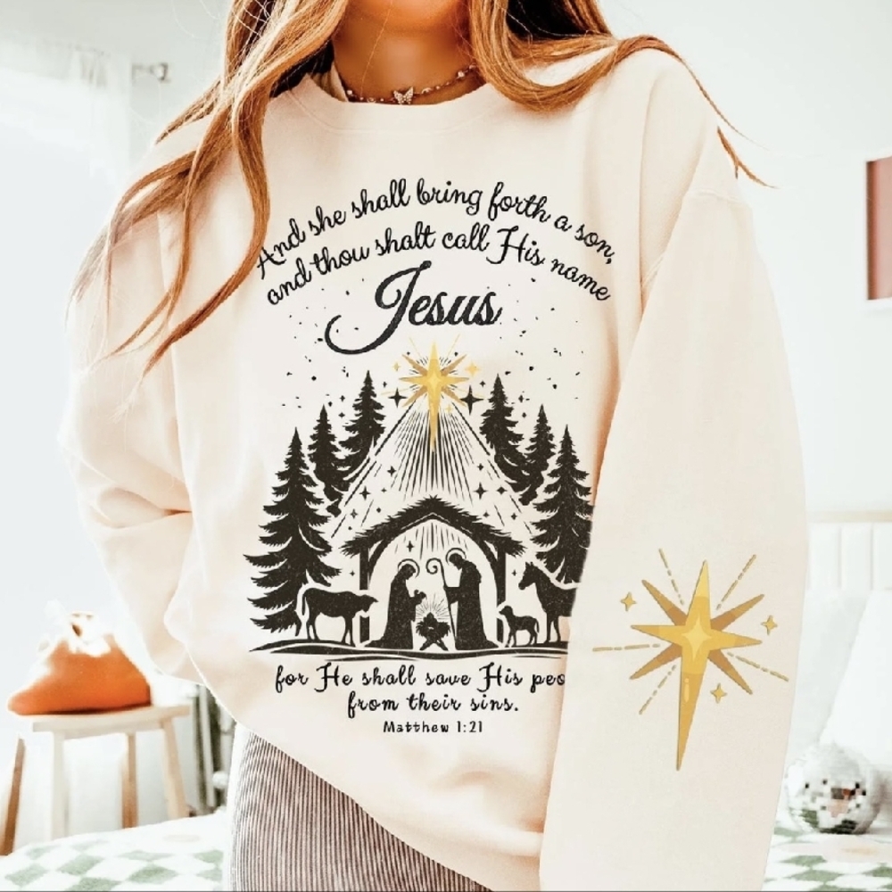 Jesus Nativity Scene Sweatshirt - Beige